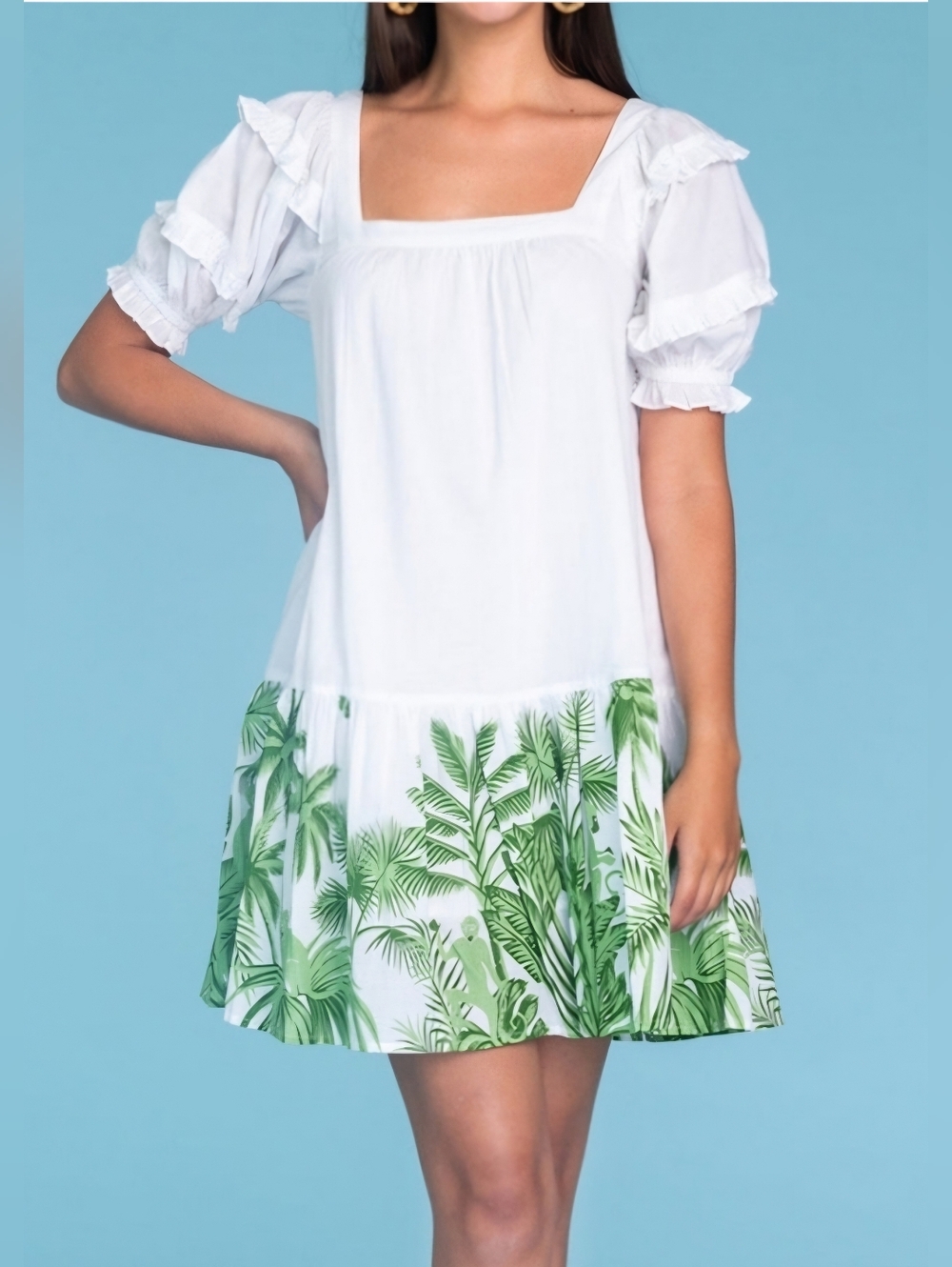 Olivia James White Cotton Mini Dress with Green Palm Print